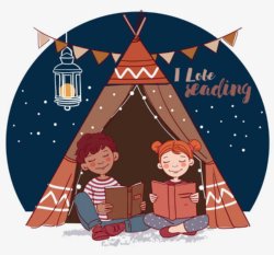 kids sitting down reading a book in front of teepee